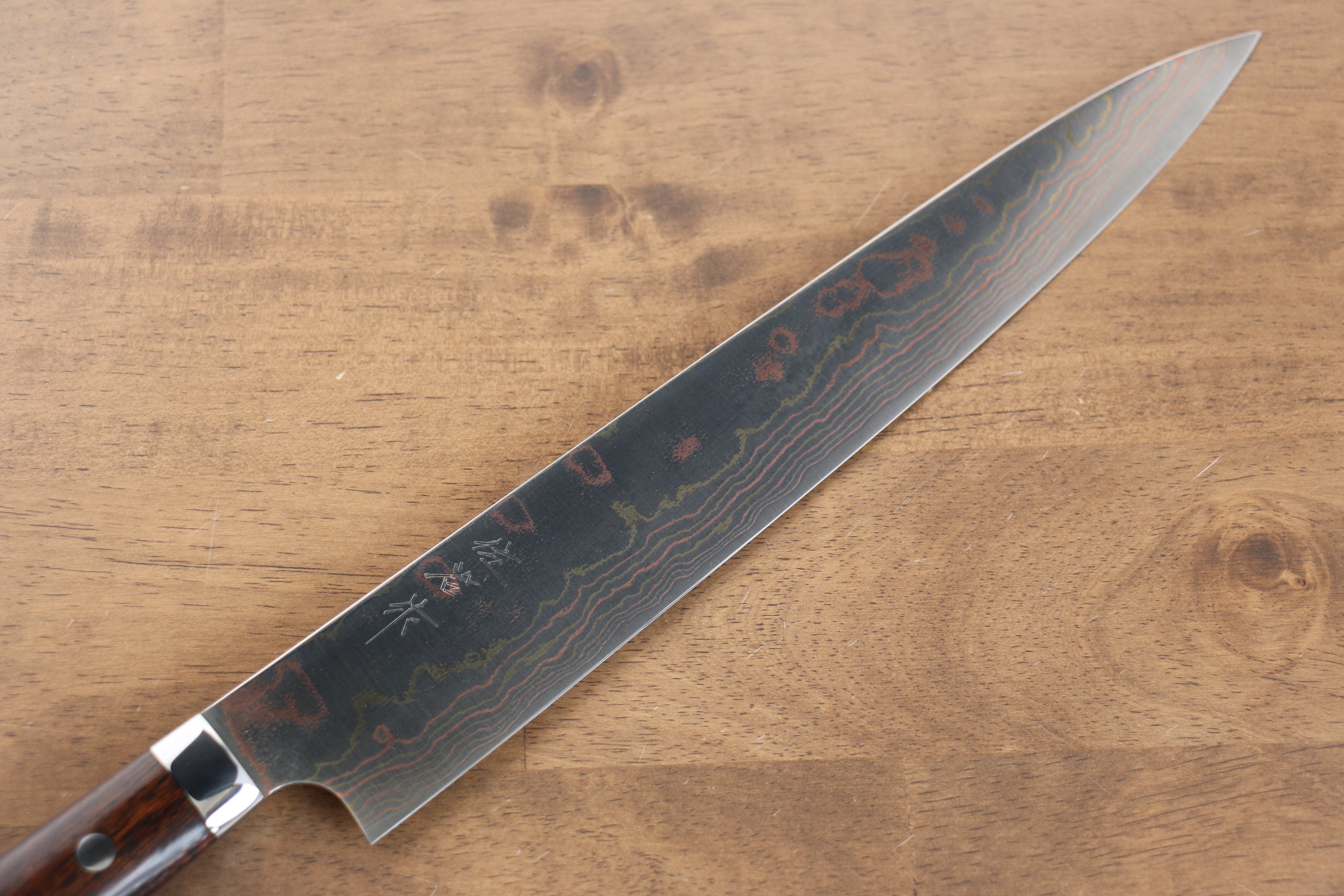 Takeshi Saji Blue Steel No.2 Colored Damascus Sujihiki 270mm Ironwood Handle - Seisuke Knife