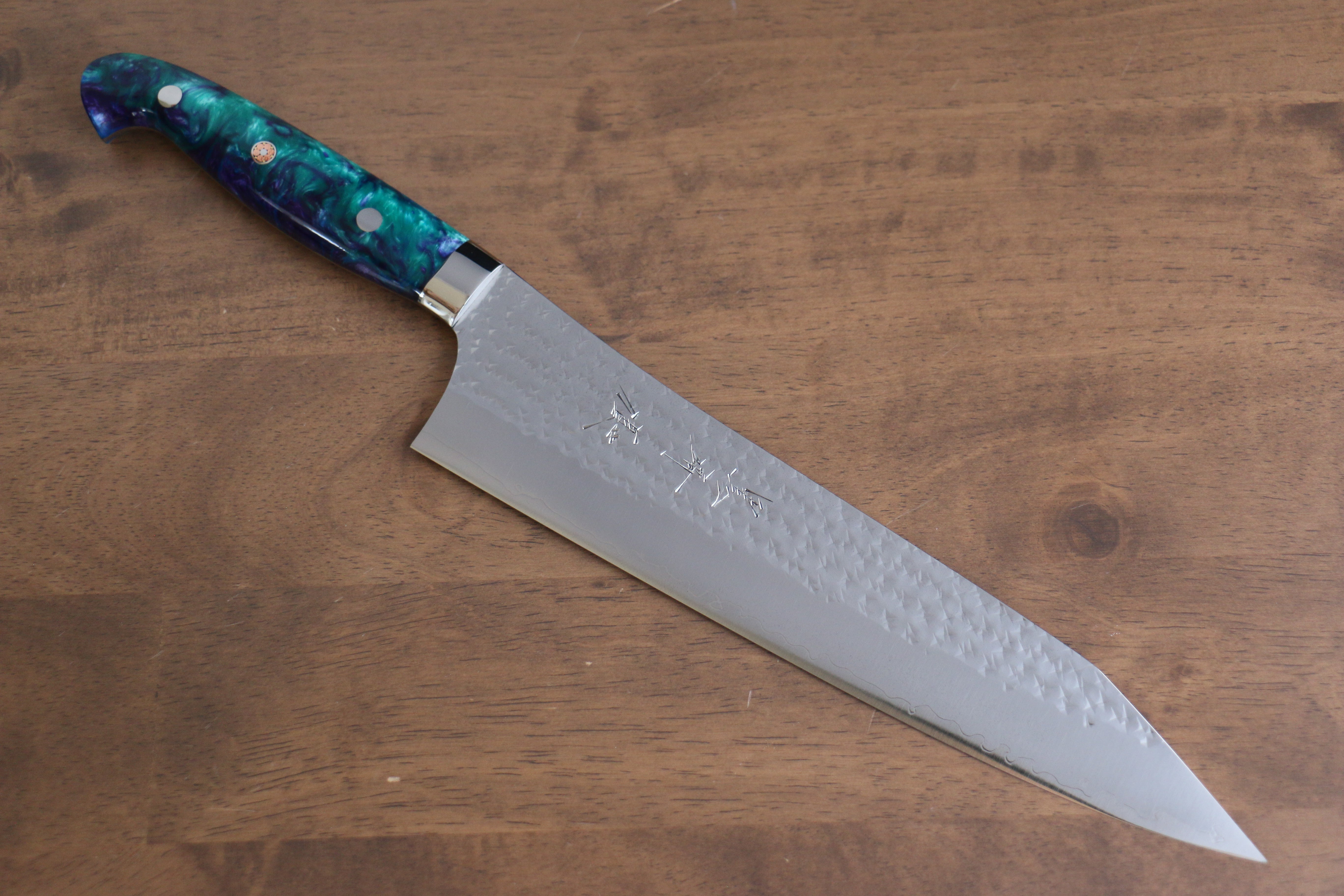 Yu Kurosaki Senko Ei SG2 Hammered Gyuto 240mm Blue Green Acrylic Handle - Seisuke Knife