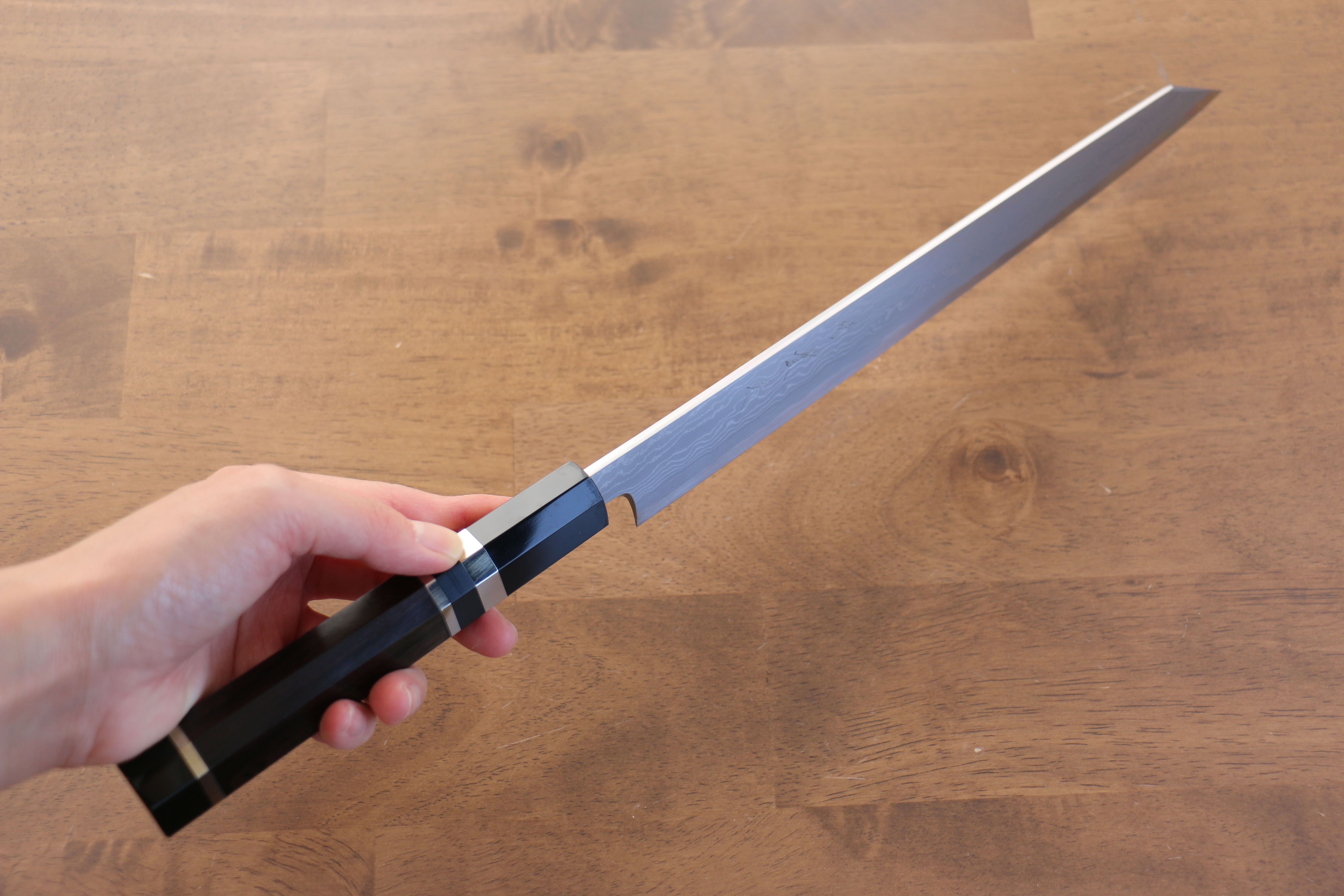 Jikko Blue Steel Damascus Kiritsuke Sujihiki  270mm Ebony with Double Ring Handle - Seisuke Knife