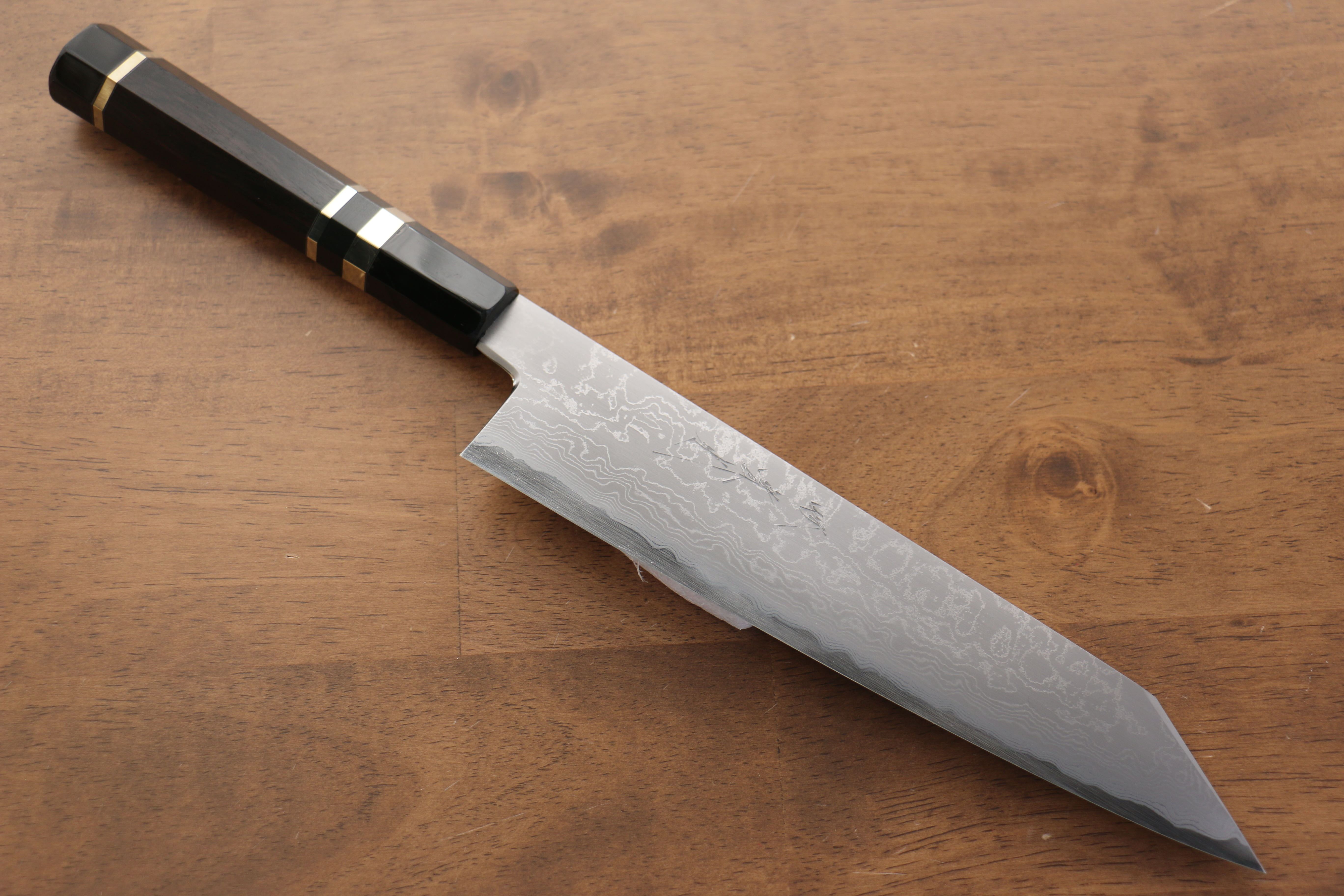Jikko Blue Steel Damascus Kiritsuke Gyuto  210mm Ebony with Double Ring Handle - Seisuke Knife