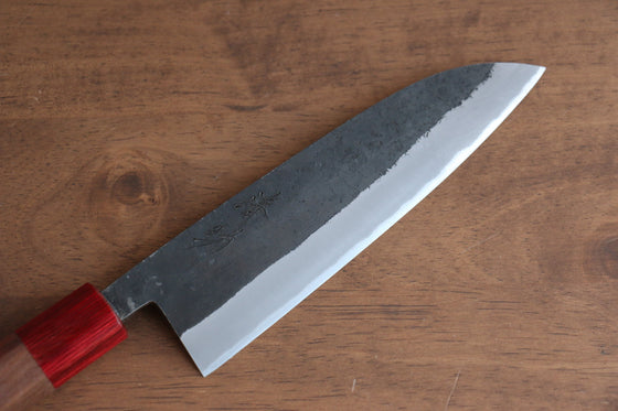 Seisuke Kurumi Blue Steel Kurouchi Santoku 165mm with Walnut and Double Red Pakkawood Ring Handle - Seisuke Knife