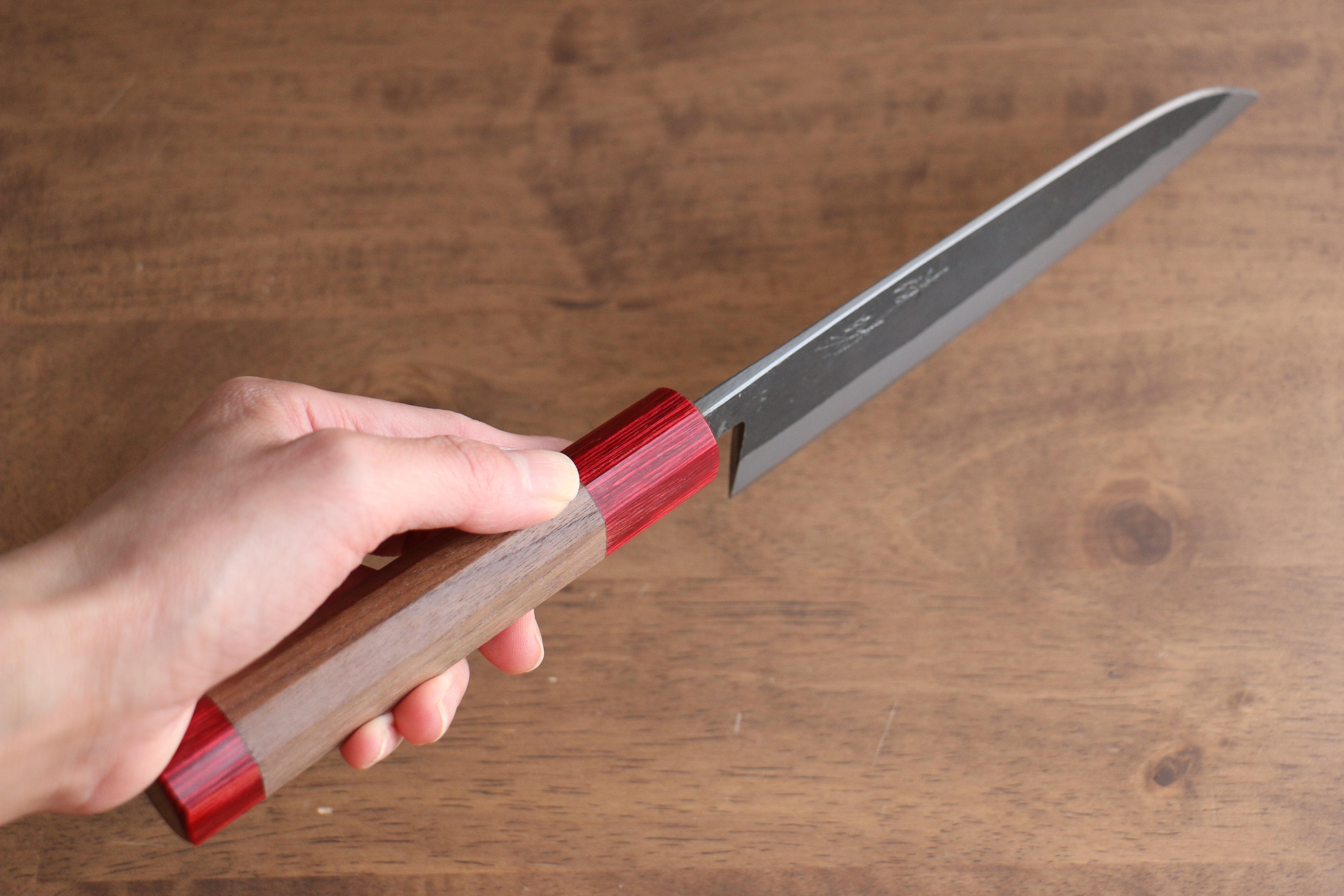 Seisuke Kurumi Blue Steel Kurouchi Santoku 165mm Walnut (With Double Red Pakka wood) Handle - Seisuke Knife