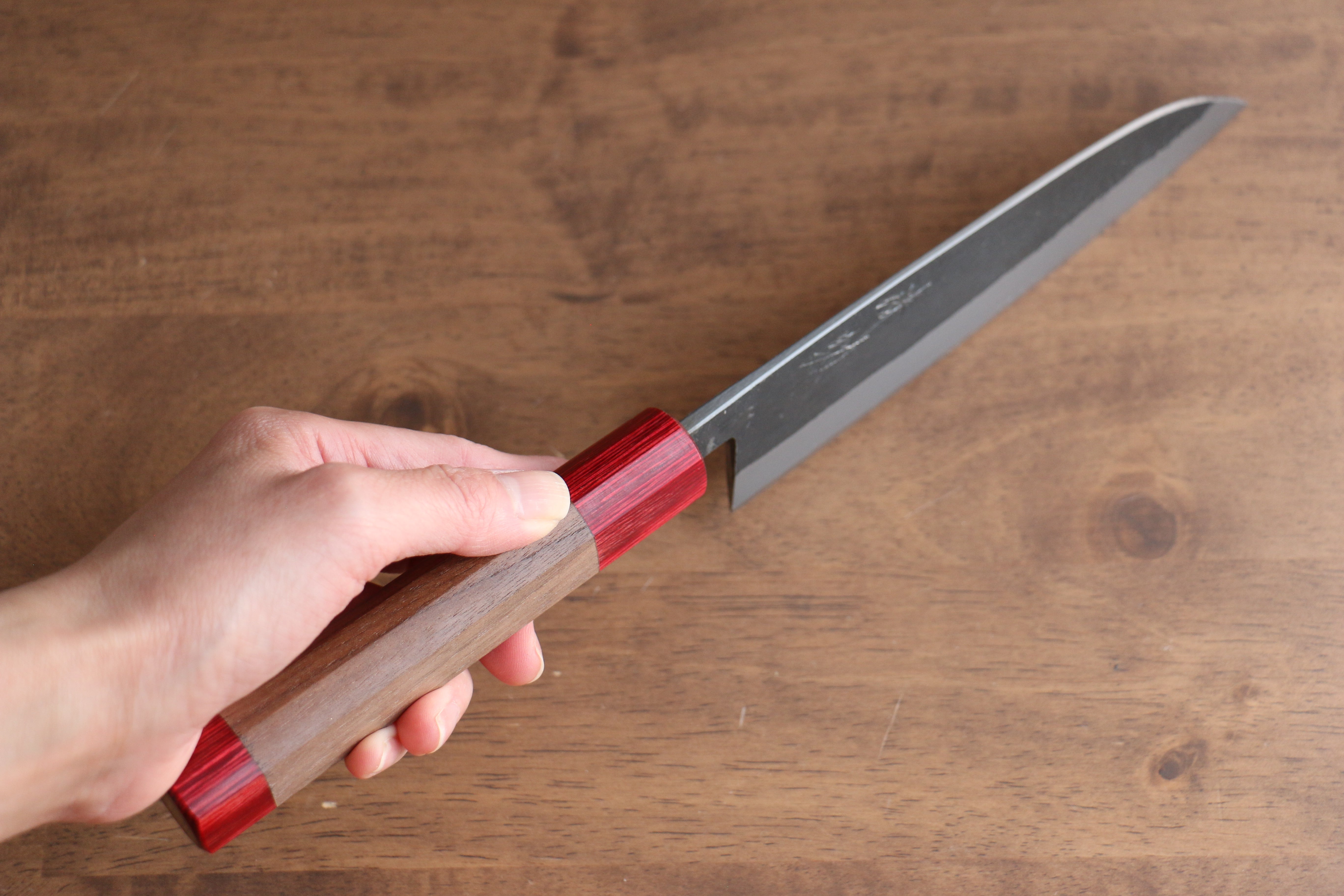Seisuke Kurumi Blue Steel Kurouchi Santoku 165mm Walnut (With Double Red Pakka wood) Handle - Seisuke Knife