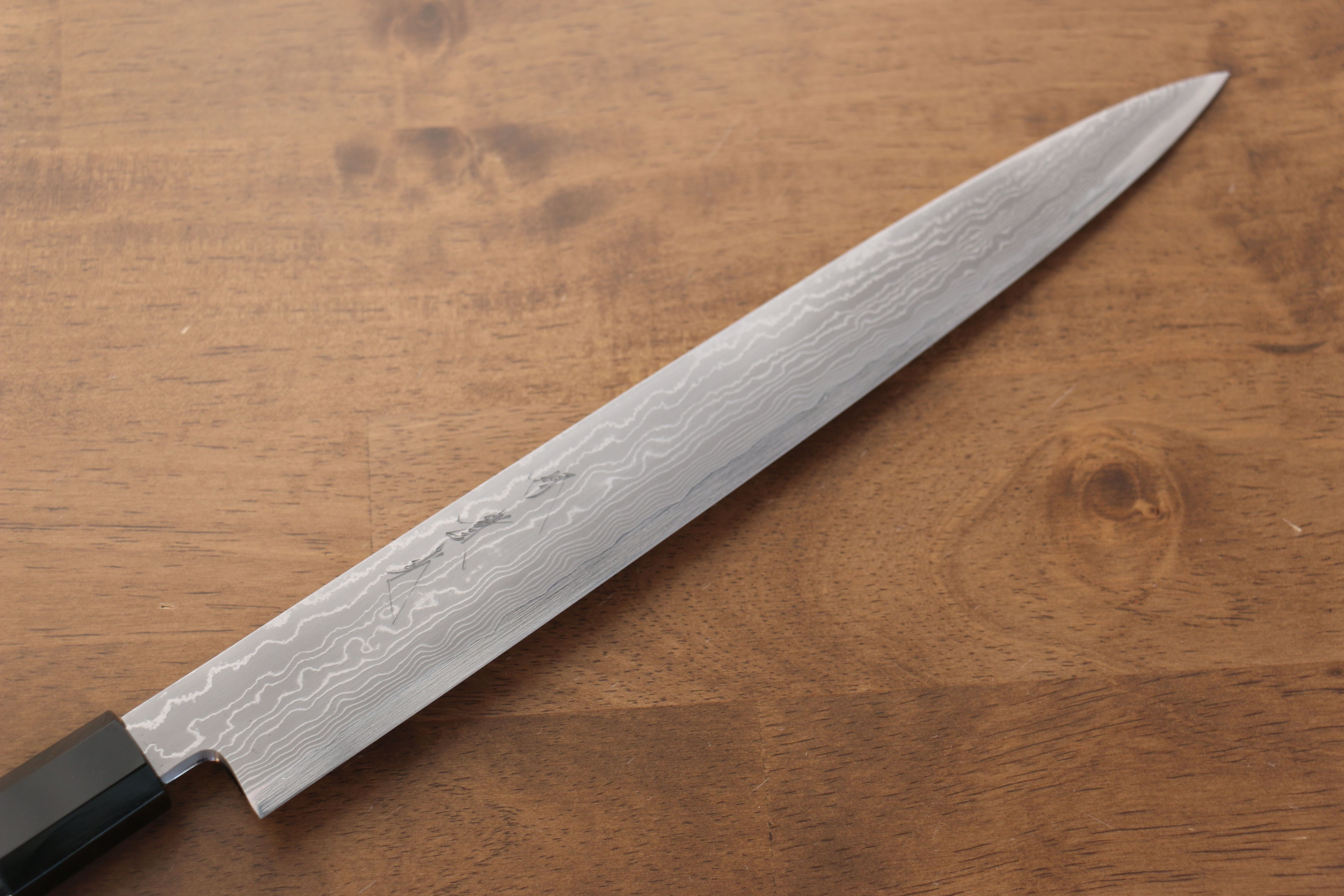 Jikko Blue Steel Damascus Sujihiki  300mm Ebony with Double Ring Handle - Seisuke Knife