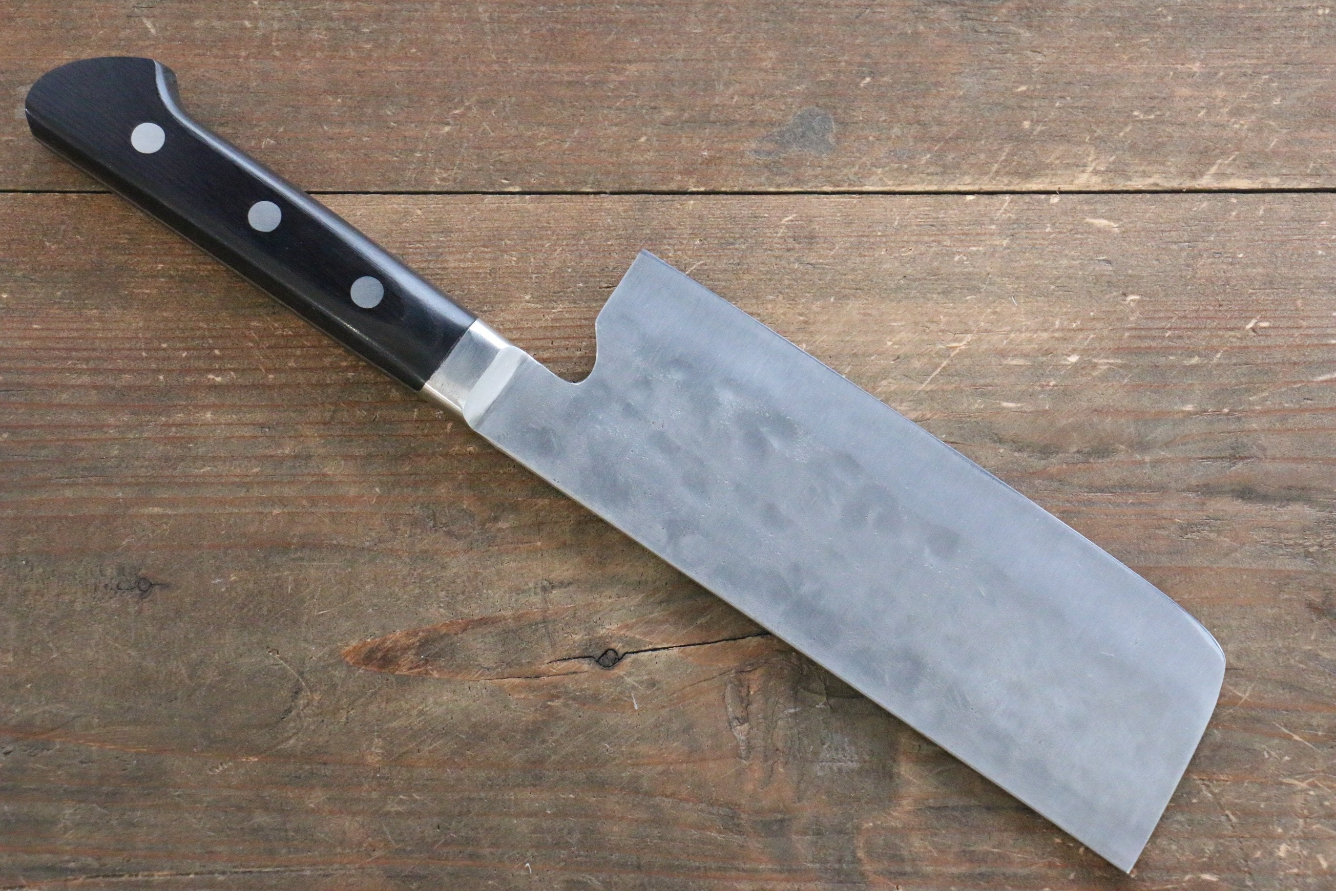 Fujiwara Teruyasu Maboroshi White Steel No.1 Nashiji Hammered Nakiri 150mm with Black Pakkawood Handle - Seisuke Knife