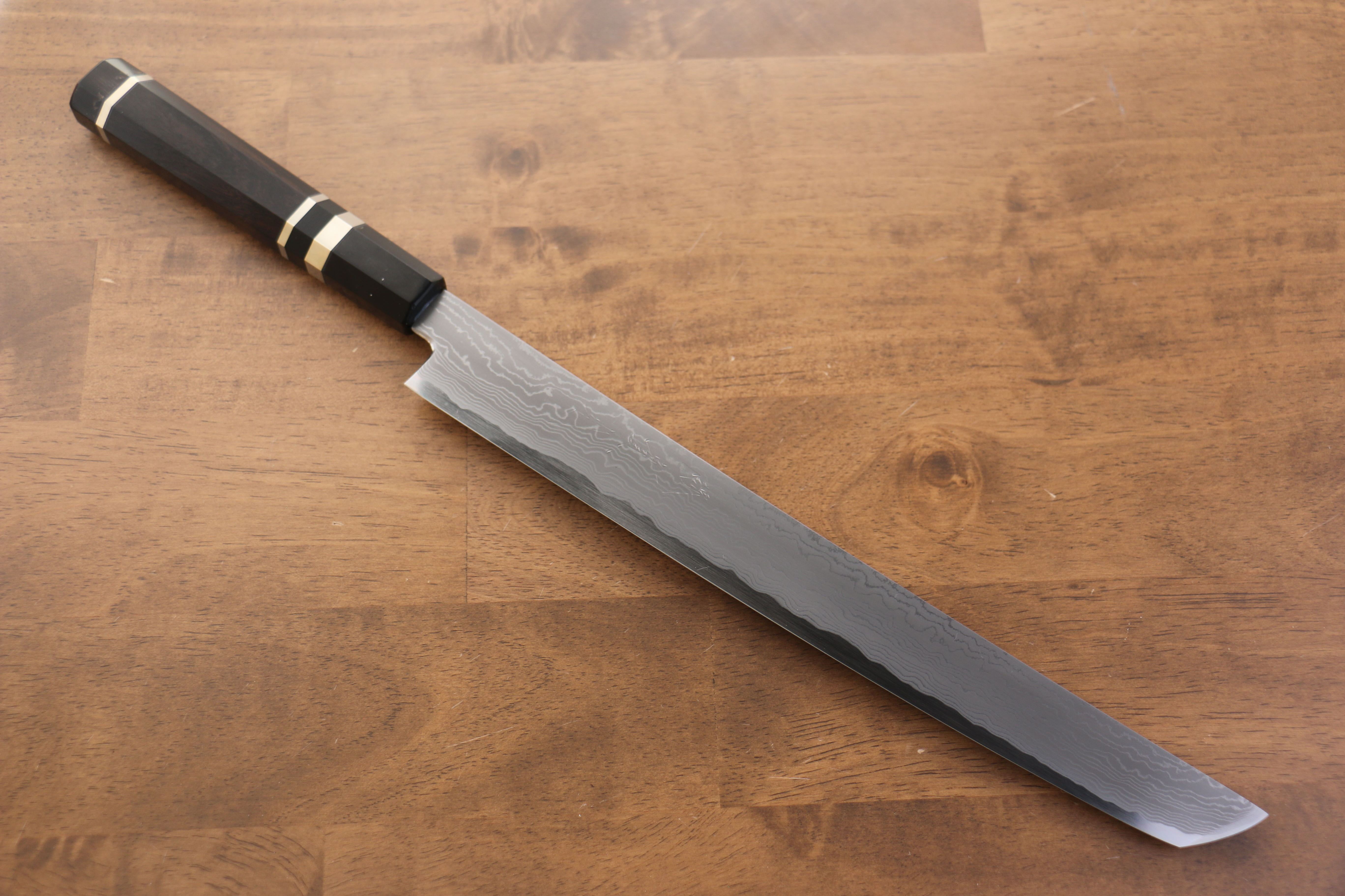 Jikko Blue Steel Damascus Sakimaru Sujihiki  300mm Ebony with Double Ring Handle - Seisuke Knife