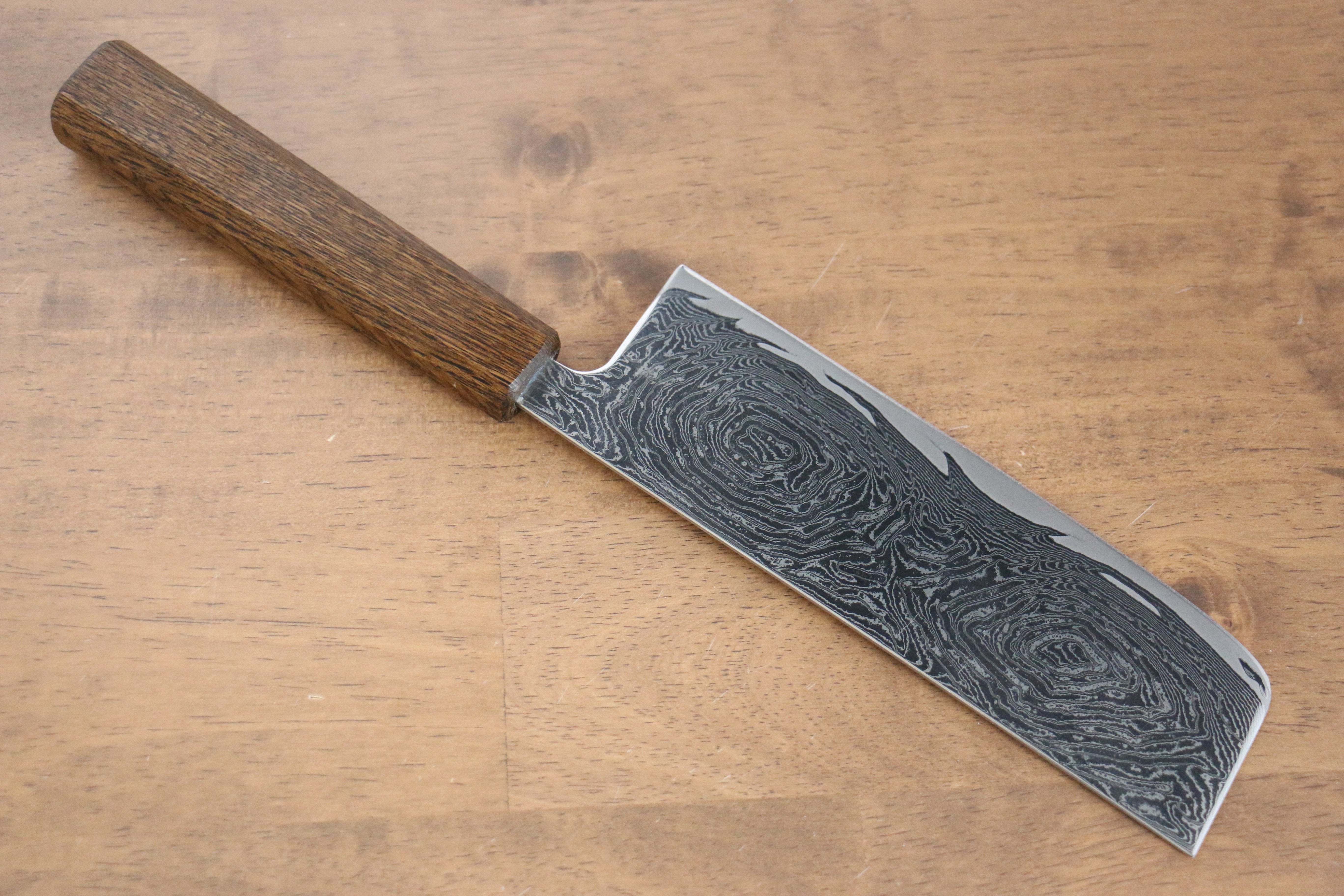 Seisuke Nami AUS10 Mirrored Finish Damascus Nakiri 170mm Oak Handle - Seisuke Knife