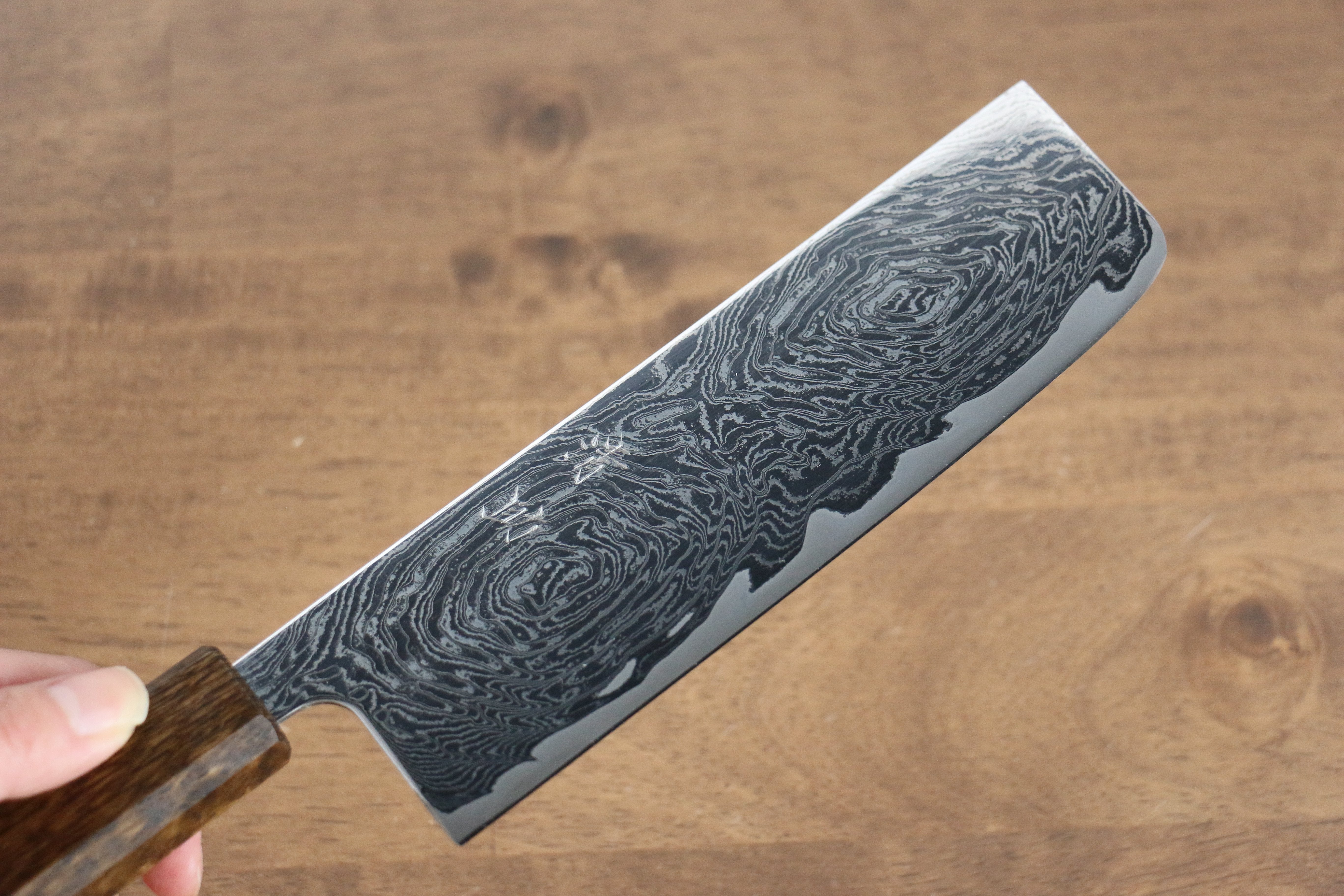 Seisuke Nami AUS10 Mirrored Finish Damascus Nakiri 170mm Oak Handle - Seisuke Knife