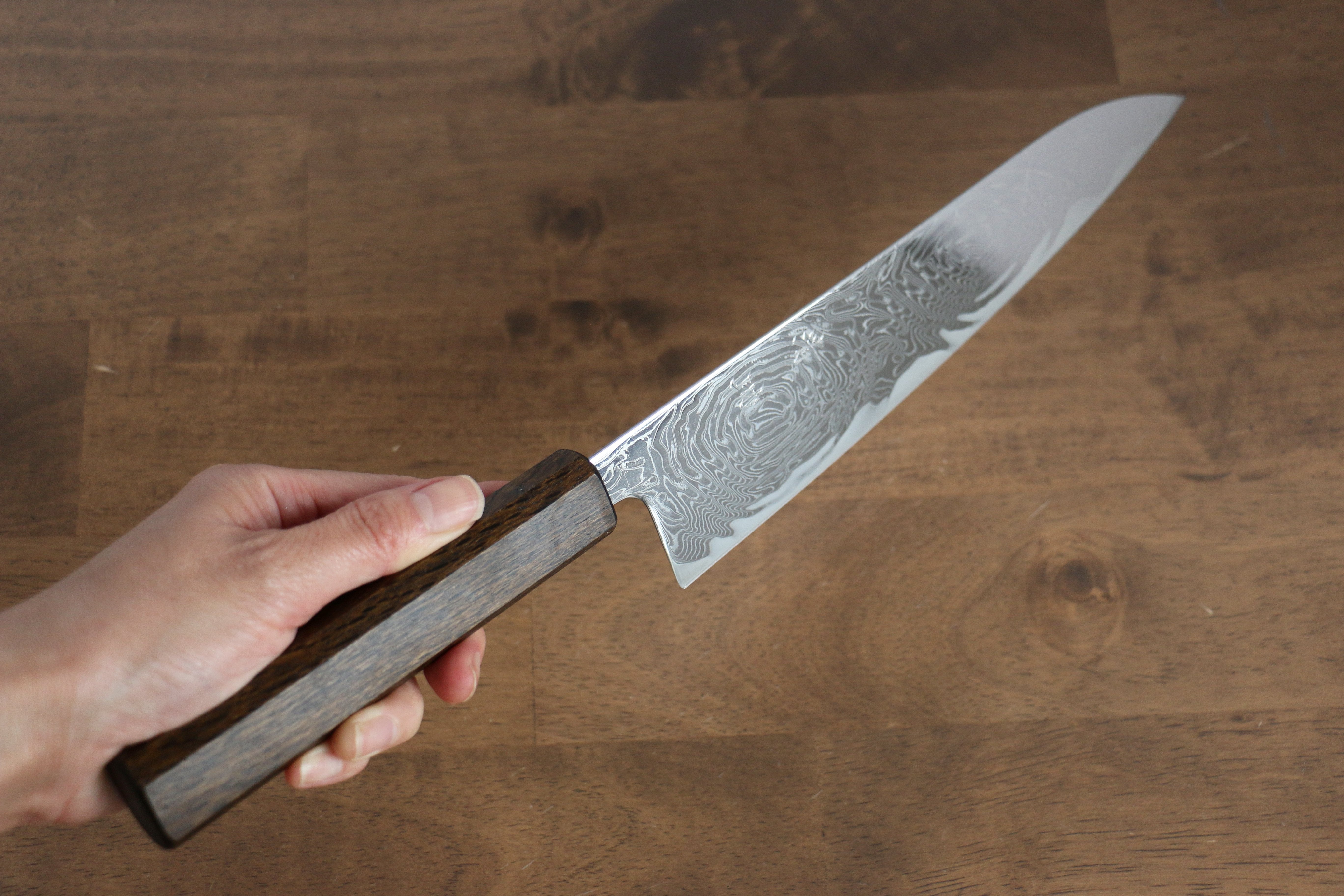 Seisuke Nami AUS10 Mirrored Finish Damascus Gyuto 210mm Oak Handle - Seisuke Knife