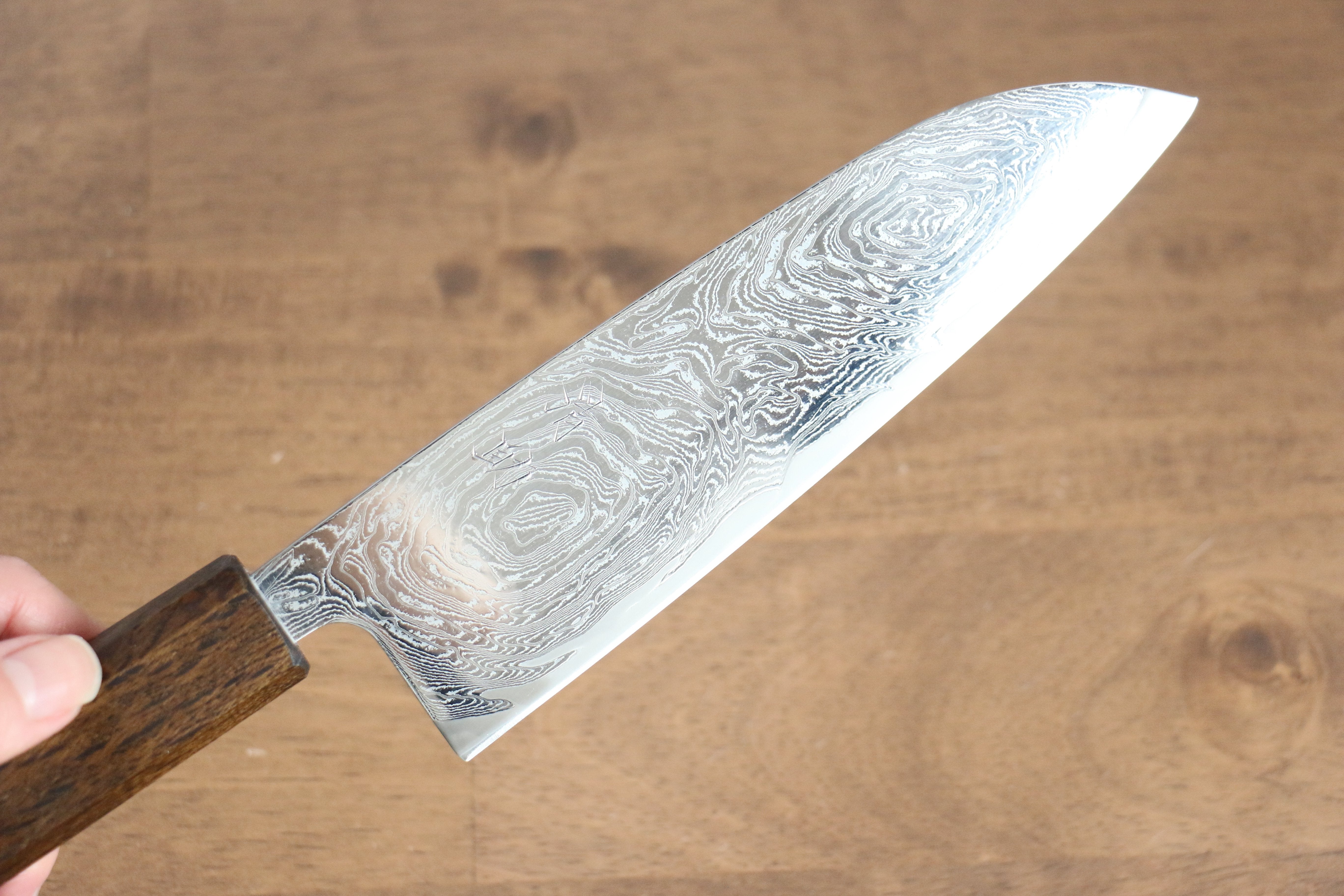 Seisuke Nami AUS10 Mirrored Finish Damascus Santoku 165mm Oak Handle - Seisuke Knife