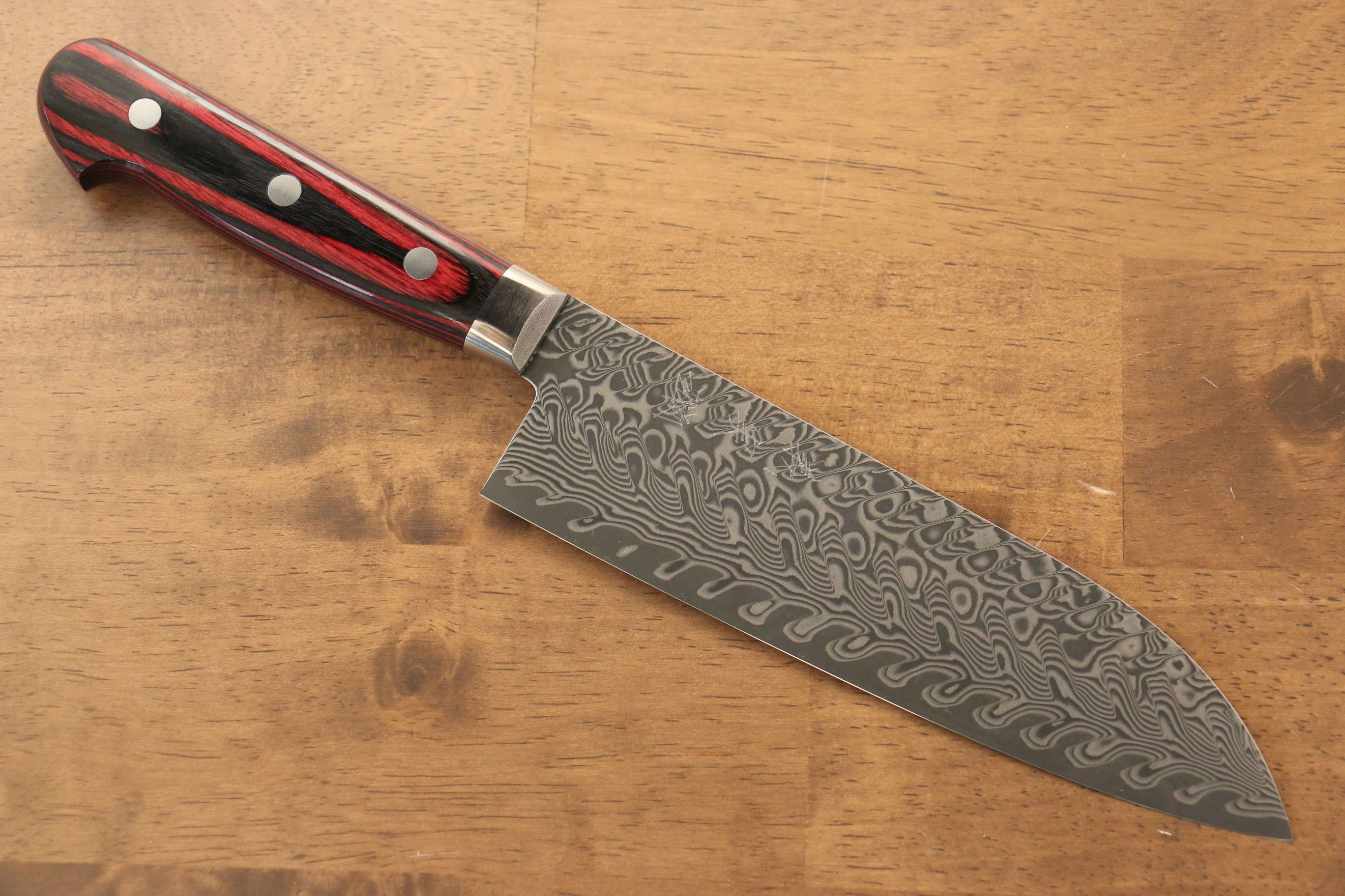 Yoshimi Kato SG2 Damascus Santoku 180mm Red and Black Pakkawood Handle - Seisuke Knife