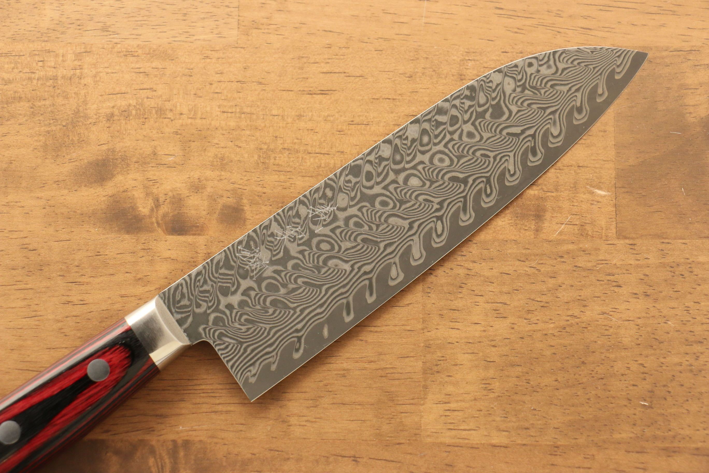 Yoshimi Kato SG2 Damascus Santoku 180mm Red and Black Pakkawood Handle - Seisuke Knife