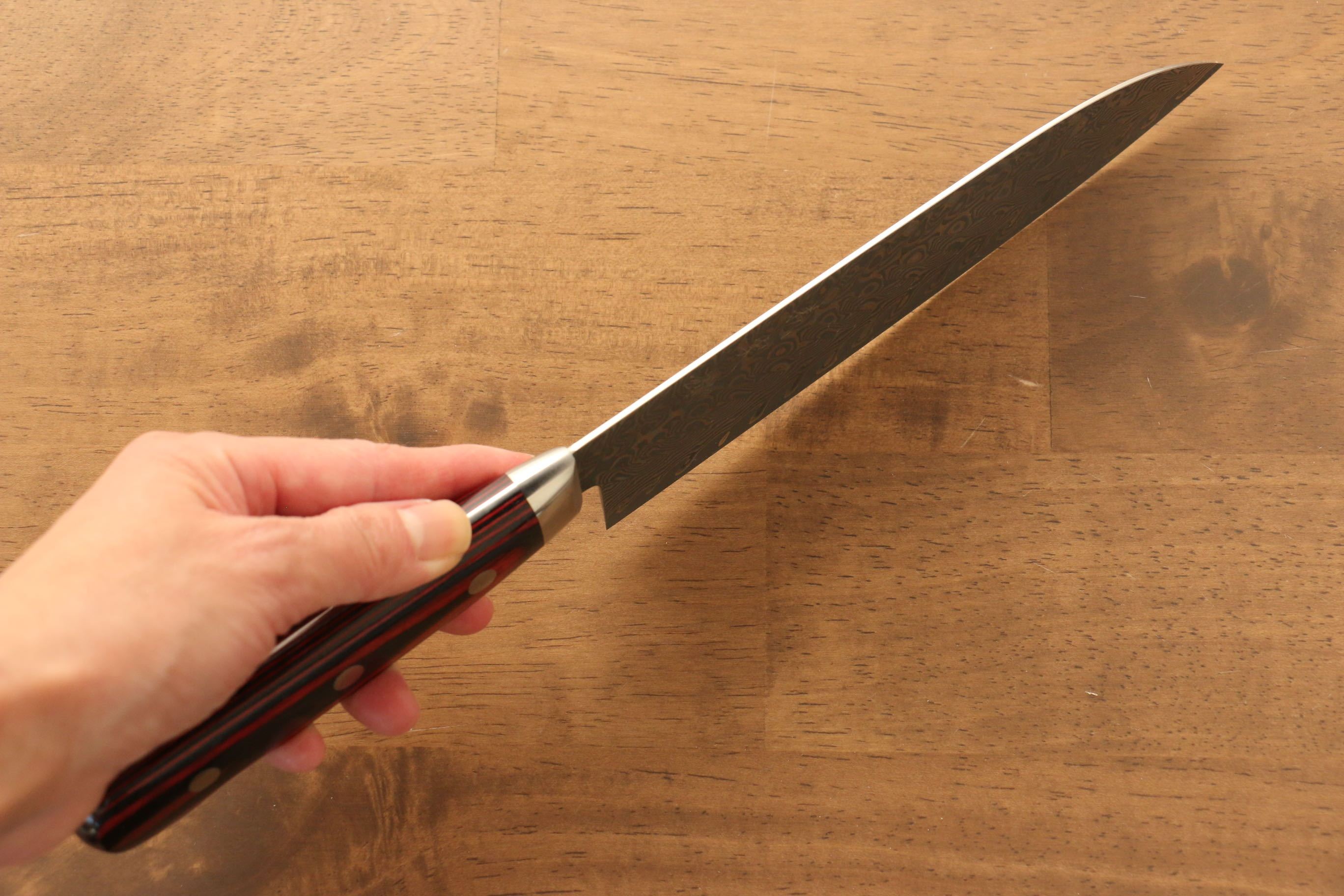Yoshimi Kato SG2 Damascus Santoku 180mm Red and Black Pakkawood Handle - Seisuke Knife