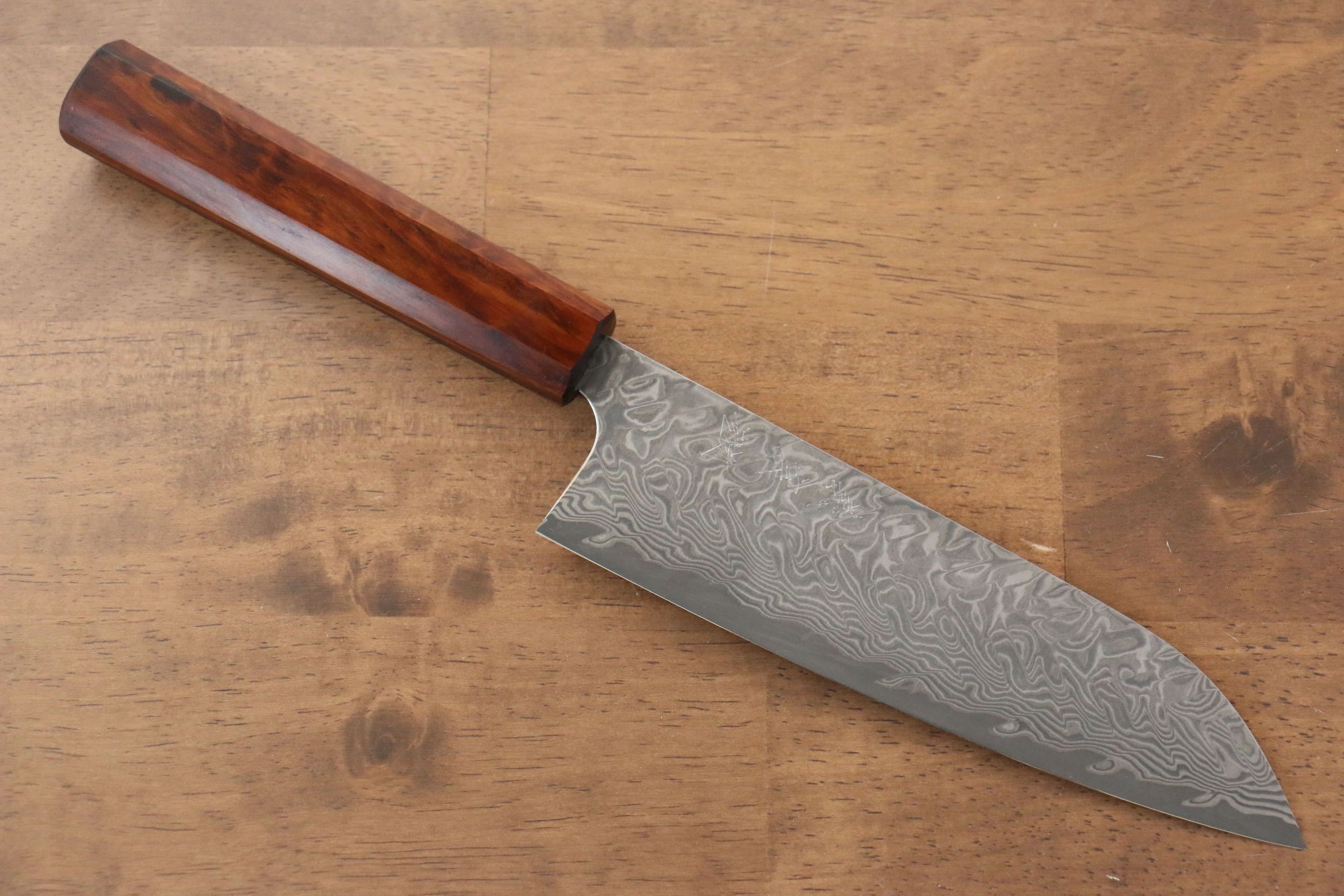 Yoshimi Kato SG2 Damascus Santoku 180mm with Lacquered Sugi Cedar Wood Handle - Seisuke Knife
