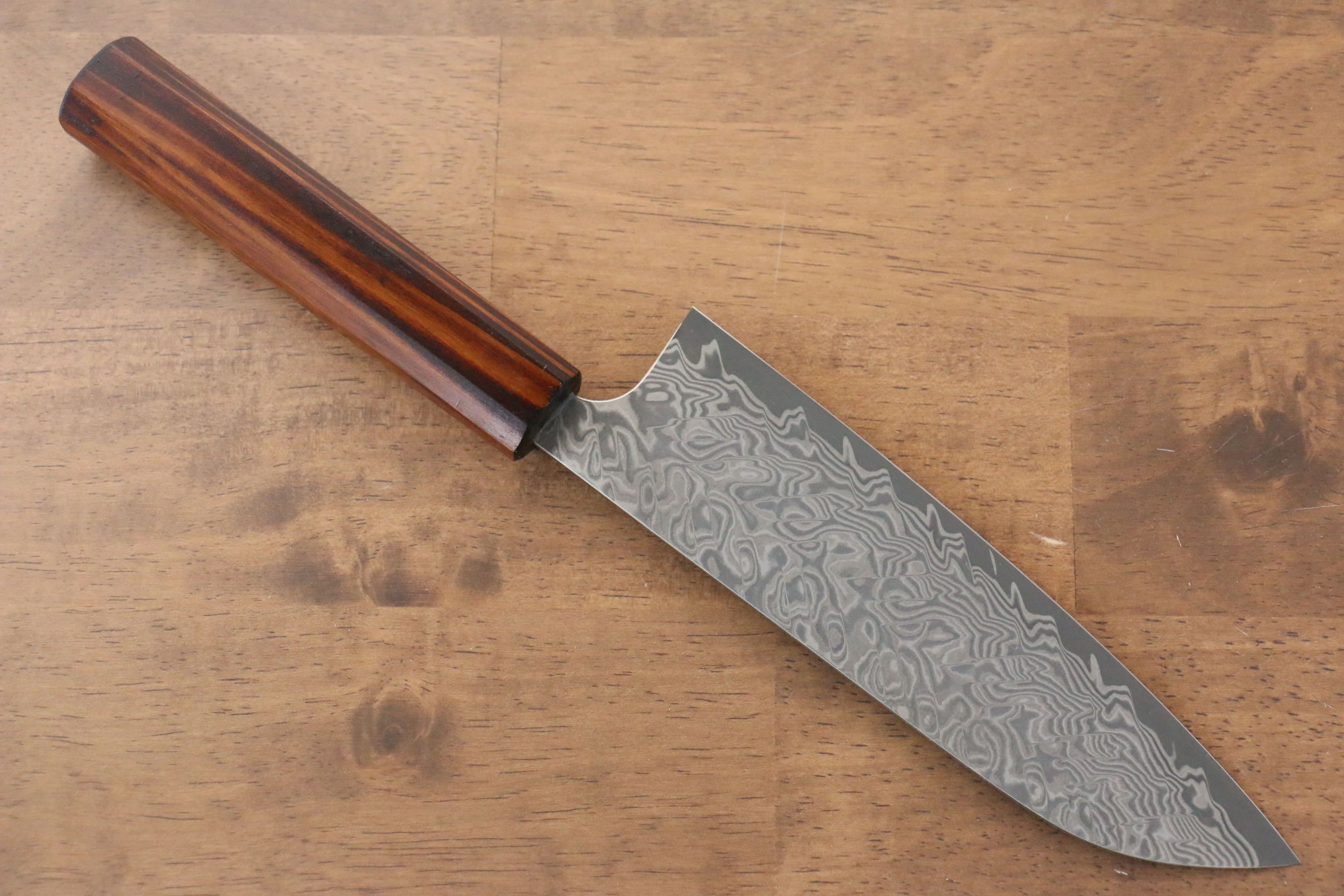 Yoshimi Kato SG2 Damascus Santoku 180mm with Lacquered Sugi Cedar Wood Handle - Seisuke Knife