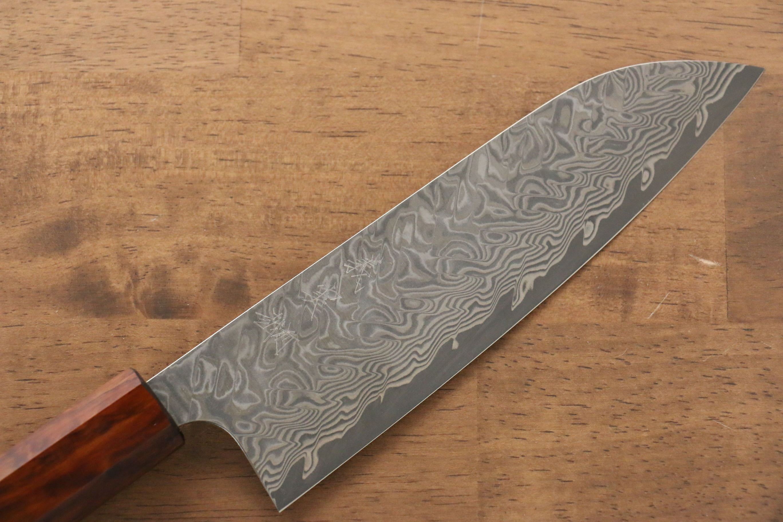 Yoshimi Kato SG2 Damascus Santoku 180mm with Lacquered Sugi Cedar Wood Handle - Seisuke Knife
