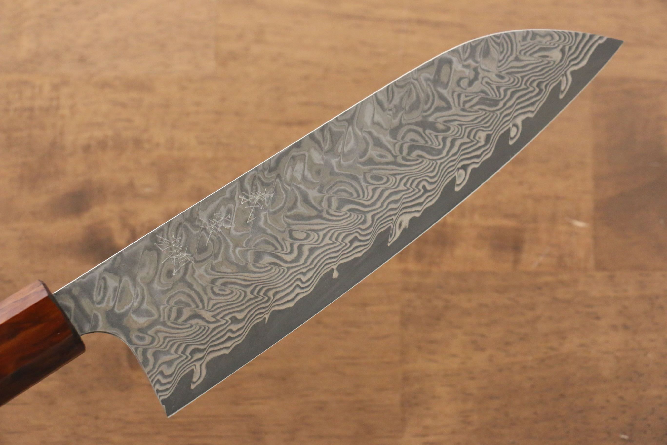 Yoshimi Kato SG2 Damascus Santoku 180mm with Lacquered Sugi Cedar Wood Handle - Seisuke Knife