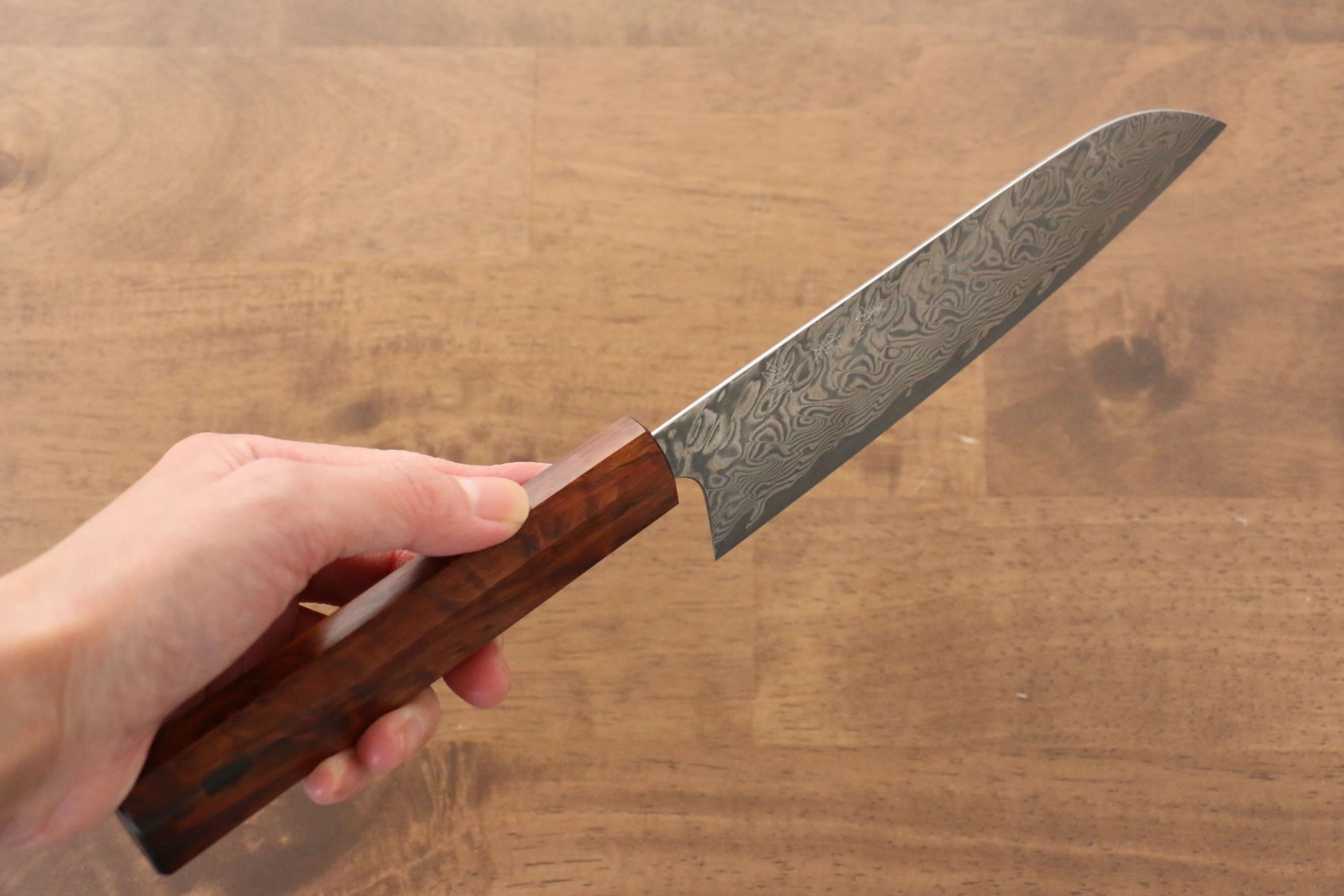 Yoshimi Kato SG2 Damascus Santoku 180mm with Lacquered Sugi Cedar Wood Handle - Seisuke Knife