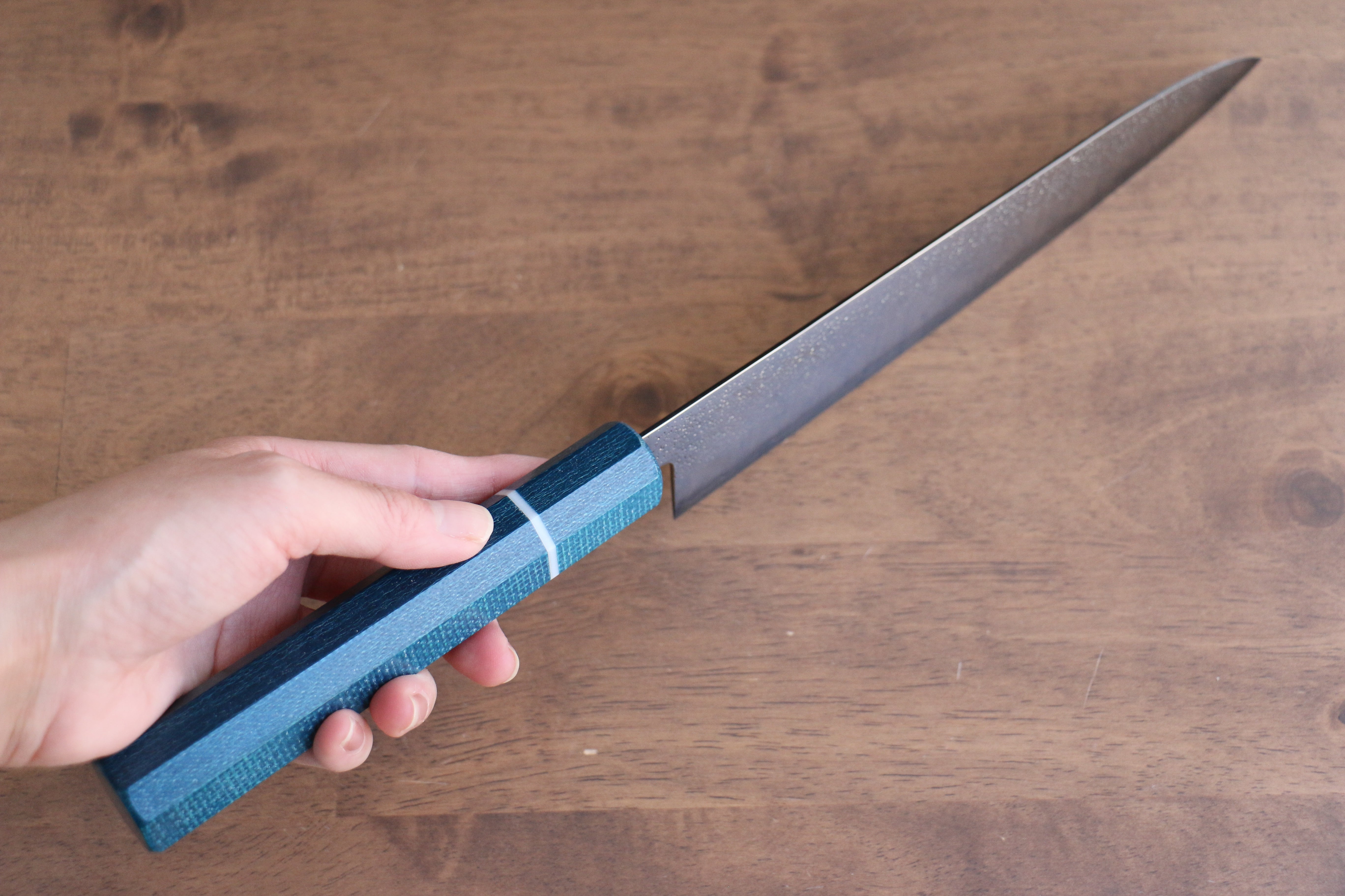 Seisuke VG5 Nashiji black dye Gyuto 210mm Blue Canvas Micarta Handle - Seisuke Knife