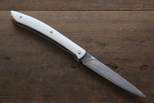  Takeshi Saji SG2 Black Damascus Folding Steak Knife 100mm with White Micarta Handle - Seisuke Knife