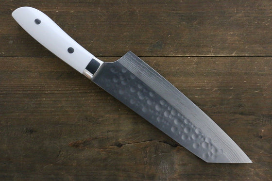 Takeshi Saji SRS13 Hammered Damascus Bunka 180mm with White Stone Handle - Seisuke Knife