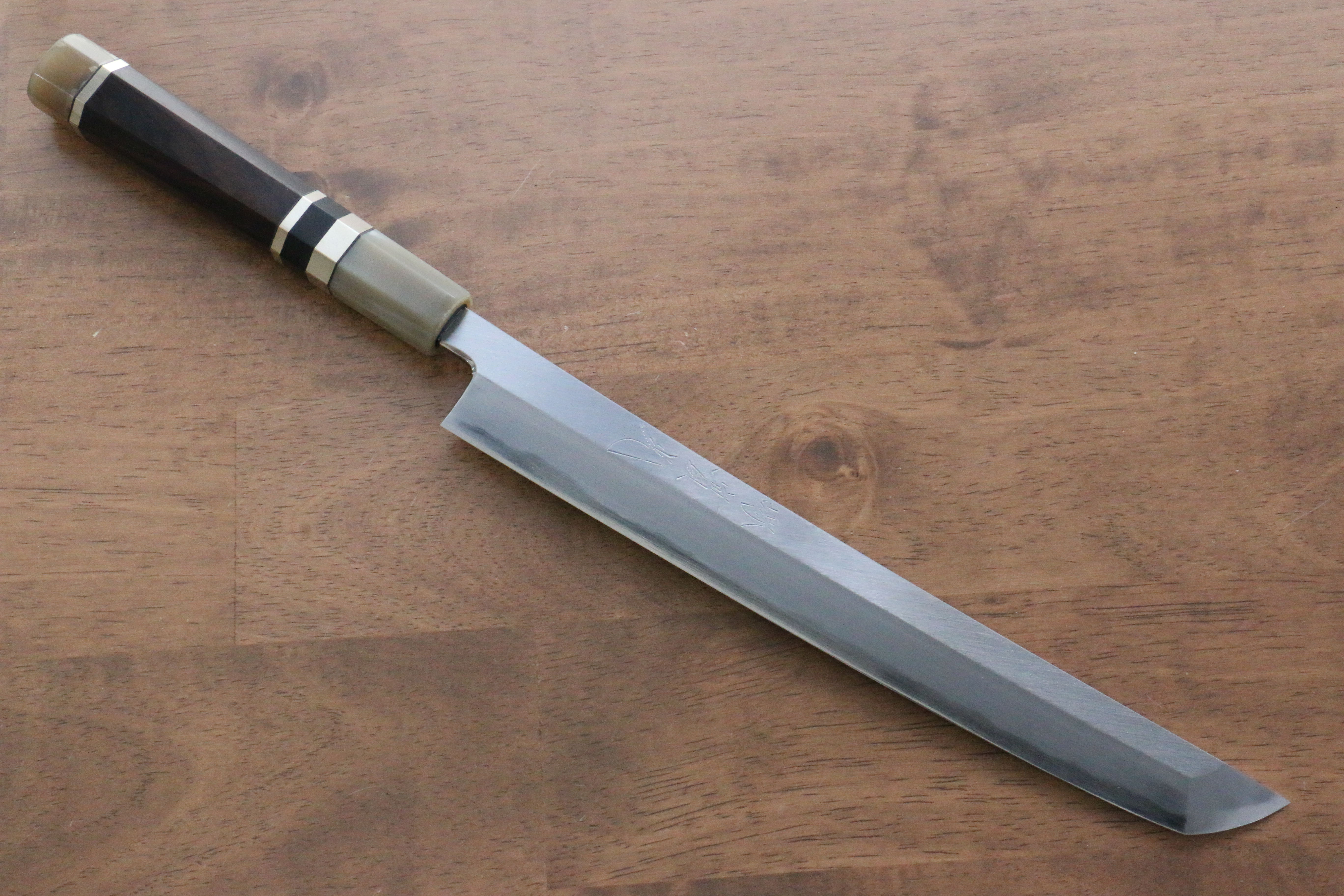 Jikko Shiko White Steel Sakimaru Yanagiba  240mm Ebony with Double Ring Handle - Seisuke Knife