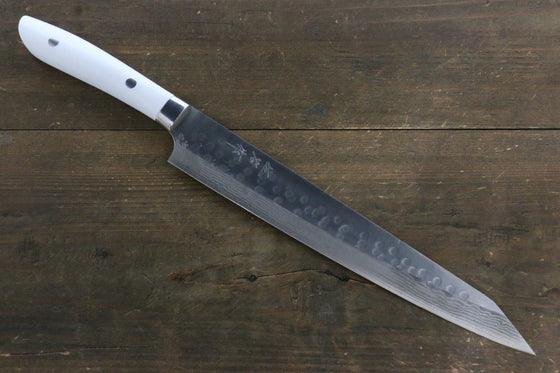 Takeshi Saji SRS13 Hammered Damascus Sujihiki 270mm White Stone Handle - Seisuke Knife