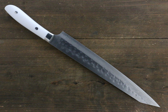 Takeshi Saji SRS13 Hammered Damascus Sujihiki 270mm White Stone Handle - Seisuke Knife