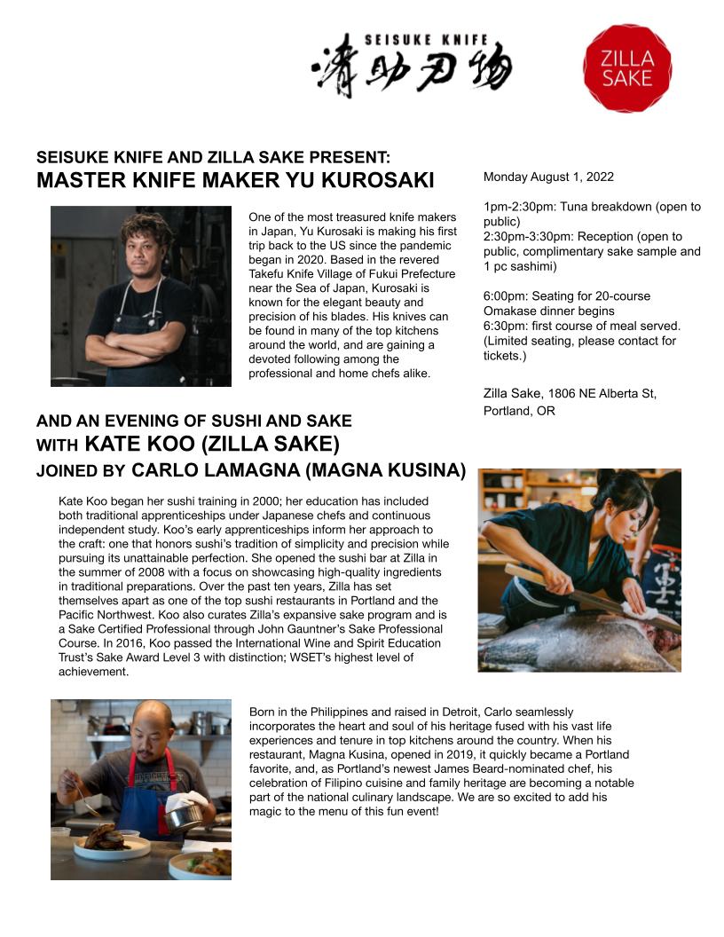 Yu Kurosaki x Zilla Sake Omakase Dinner - Seisuke Knife