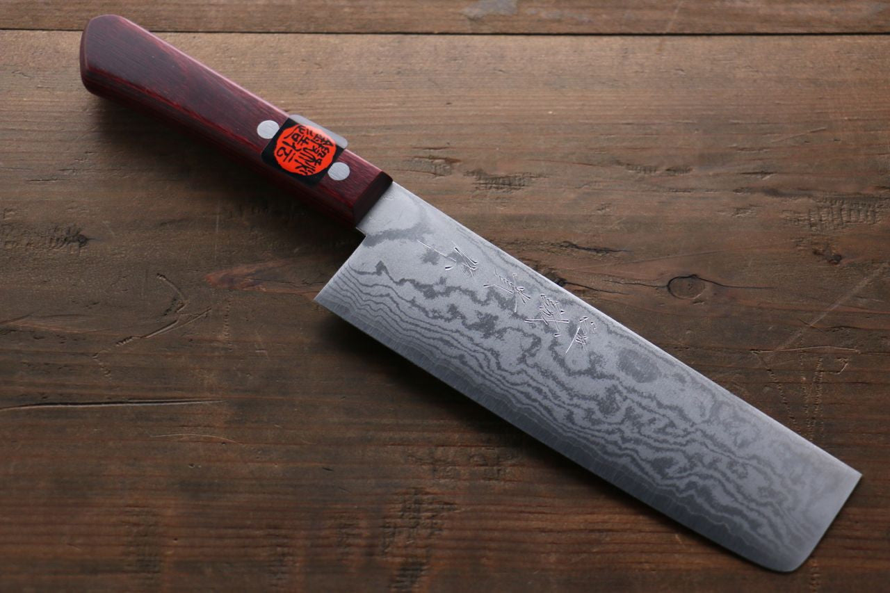 Shigeki Tanaka VG10 17 Layer Damascus Nakiri  160mm Red Pakka wood Handle - Seisuke Knife