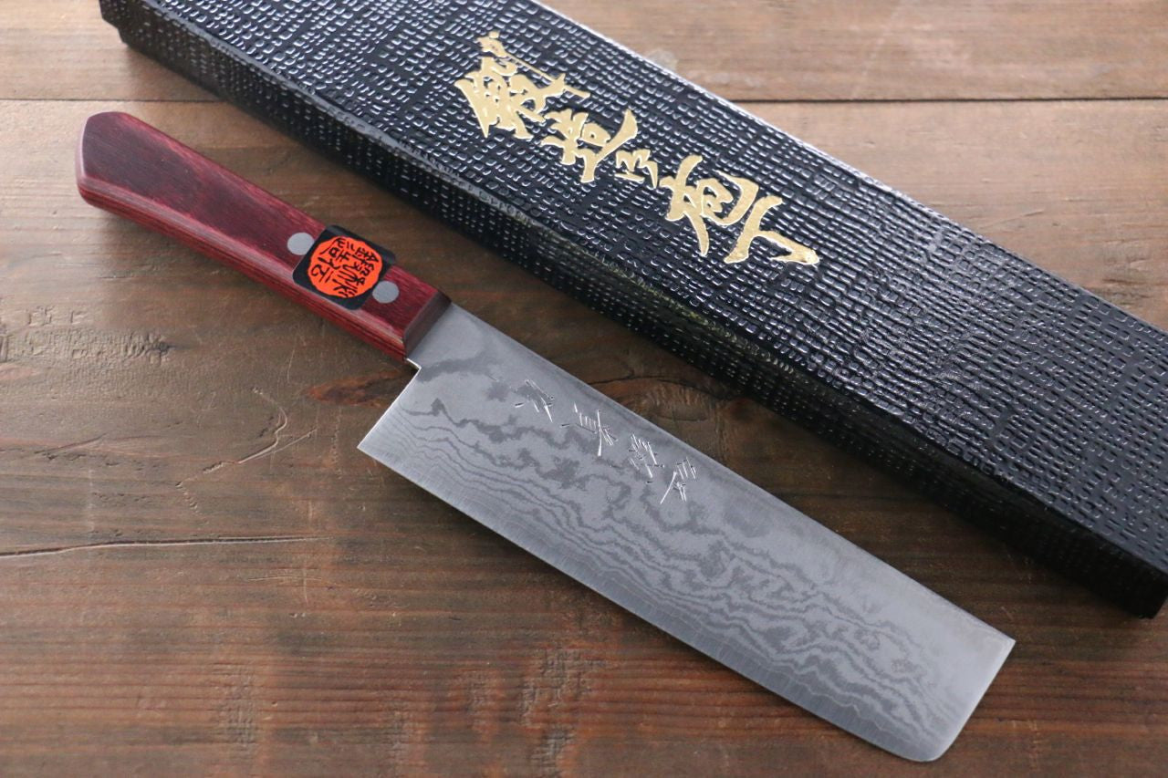 Shigeki Tanaka VG10 17 Layer Damascus Nakiri  160mm Red Pakka wood Handle - Seisuke Knife