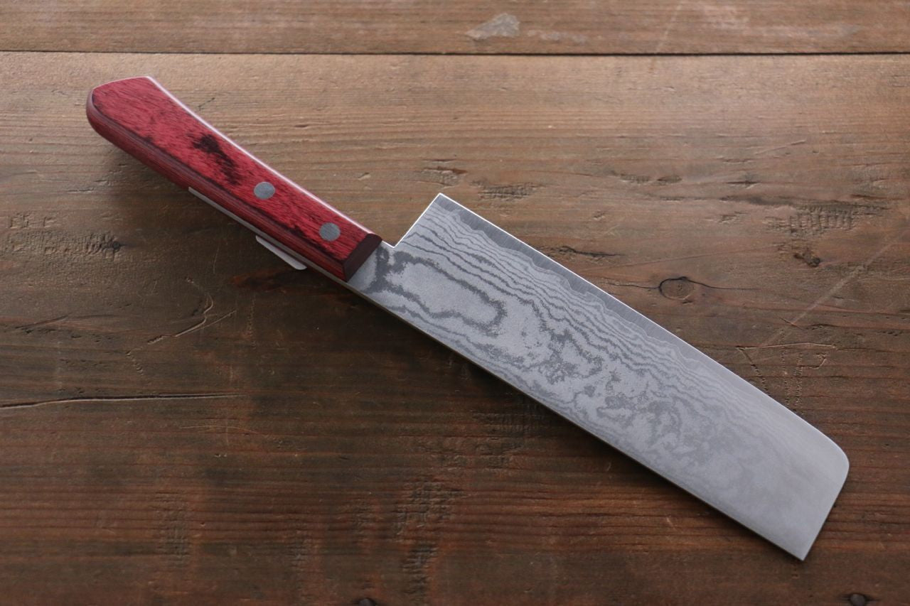 Shigeki Tanaka VG10 17 Layer Damascus Nakiri  160mm Red Pakka wood Handle - Seisuke Knife