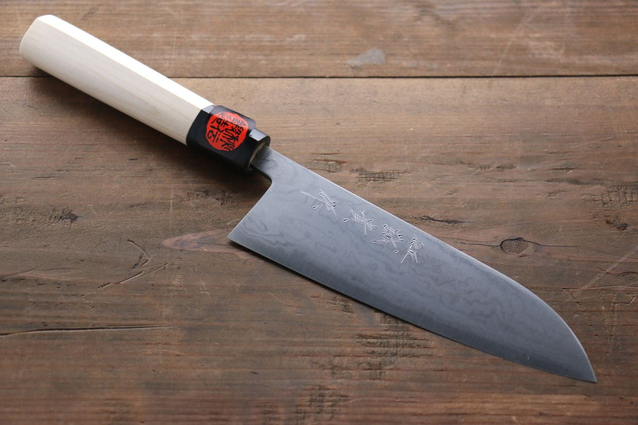 Shigeki Tanaka Blue Steel No.2 17 Layer Damascus Japanese Santoku Knife 165mm Magnolia & Water Buffalo Horn Handle - Seisuke Knife