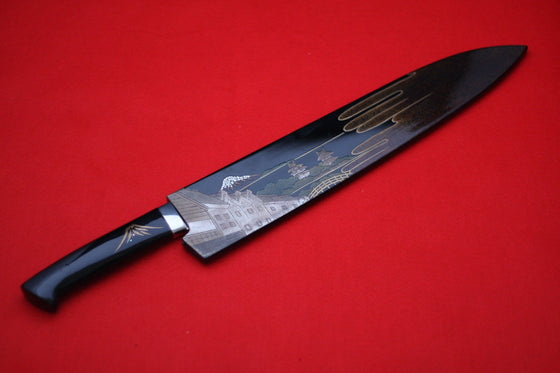 Takeshi Saji Colored Damascus Japanese Gyuto Chef Knife with Maki-e Art Two Japanese Castles 300mm - Seisuke Knife