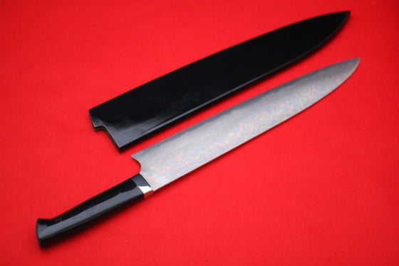 Takeshi Saji Colored Damascus Japanese Gyuto Chef Knife with Maki-e Art Two Japanese Castles 300mm - Seisuke Knife