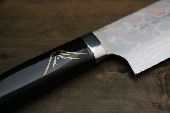 Takeshi Saji Maki-e Art Blue Steel No.2 Colored Damascus Maki-e Art Fujisan Nakiri 180mm Lacquered Handle - Seisuke Knife