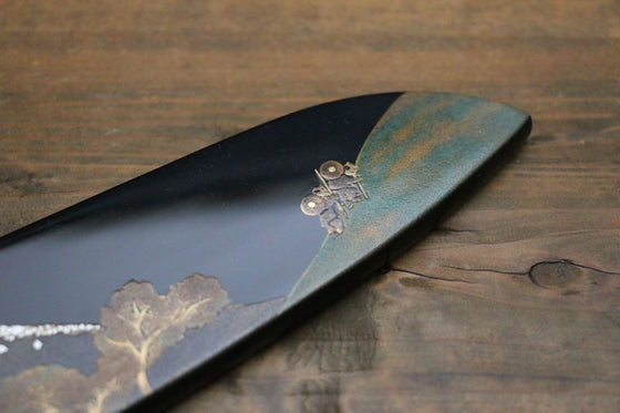 Takeshi Saji Maki-e Art Blue Steel No.2 Colored Damascus Maki-e Art Fujisan Santoku 180mm Lacquered Handle - Seisuke Knife