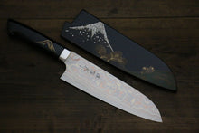  Takeshi Saji Maki-e Art Blue Steel No.2 Colored Damascus Maki-e Art Fujisan Santoku 180mm Lacquered Handle - Seisuke Knife