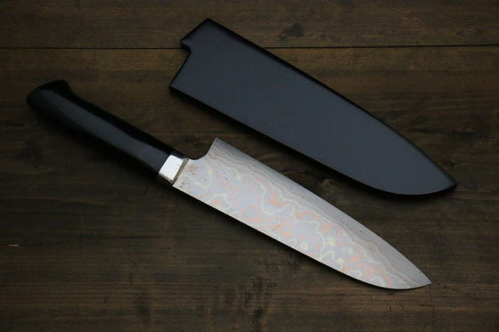 Takeshi Saji Maki-e Art Blue Steel No.2 Colored Damascus Maki-e Art Fujisan Santoku 180mm Lacquered Handle - Seisuke Knife