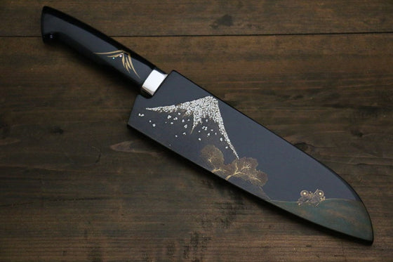 Takeshi Saji Maki-e Art Blue Steel No.2 Colored Damascus Maki-e Art Fujisan Santoku 180mm Lacquered Handle - Seisuke Knife